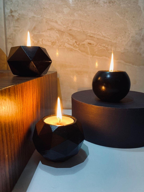 Üçlü Tealight Beton Mumluk Set Siyah Ht