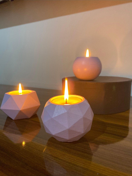 Üçlü Tealight Beton Mumluk Set Lila Ht