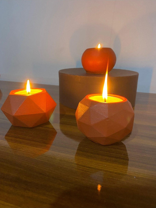 Üçlü Tealight Beton Mumluk Set Kiremit Ht