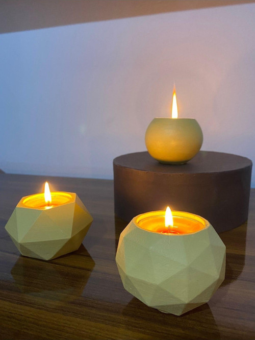 Üçlü Tealight Beton Mumluk Set Hardal Ht