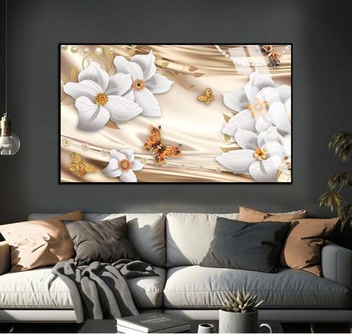 Krem - Gold Çiçekler Modeli Çerçeveli Temperli Cam Tablo Tekli Yatay