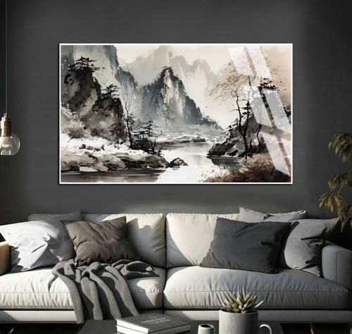 Soft Gri Sisli Dağ Manzara Soyut Model Çerçeveli Temperli Cam Tablo Tekli Yatay