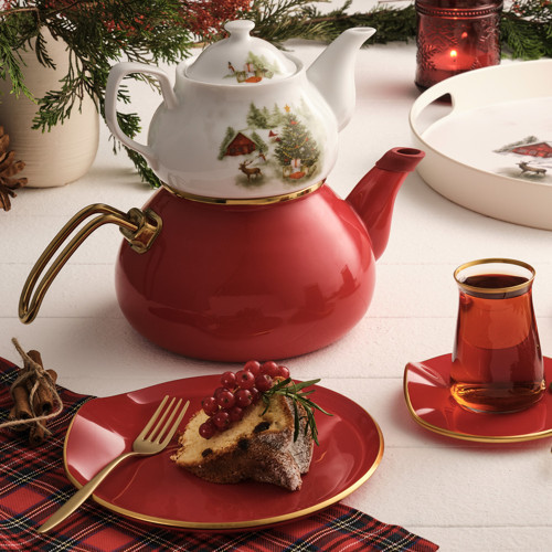 Christmas Kırmızı Emaye Midi Çaydanlık Takımı