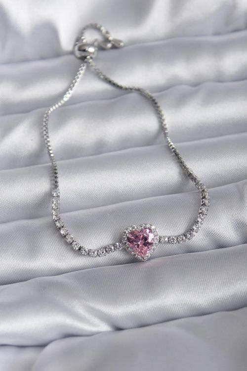 Gümüş Renk Pembe Zirkon Taşlı Charm Bileklik