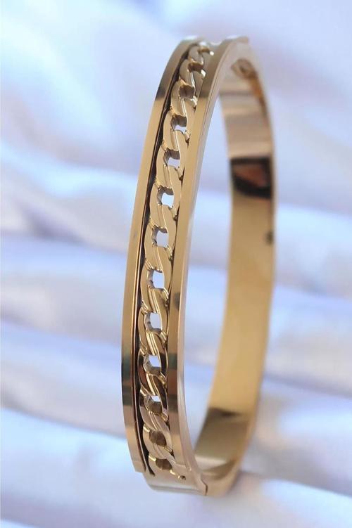 Çelik Gold Renk Zirkon Taşlı Model Kadın Kelepçe