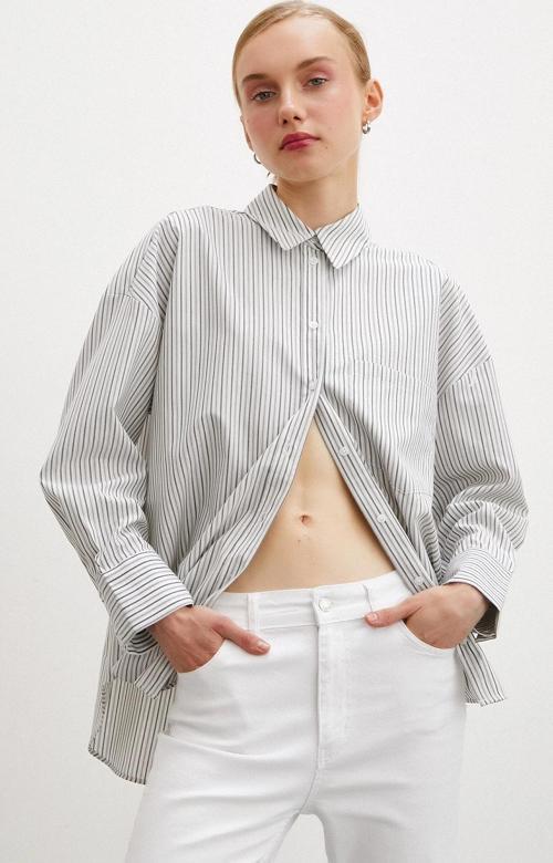 Çizgili Gömlek Ekru