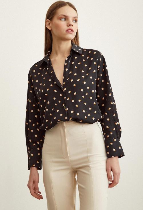 Puantiye Desenli Saten Gömlek Siyah