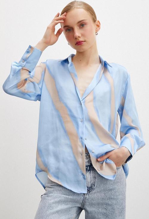 Desenli V Yaka Saten Gömlek Mavi