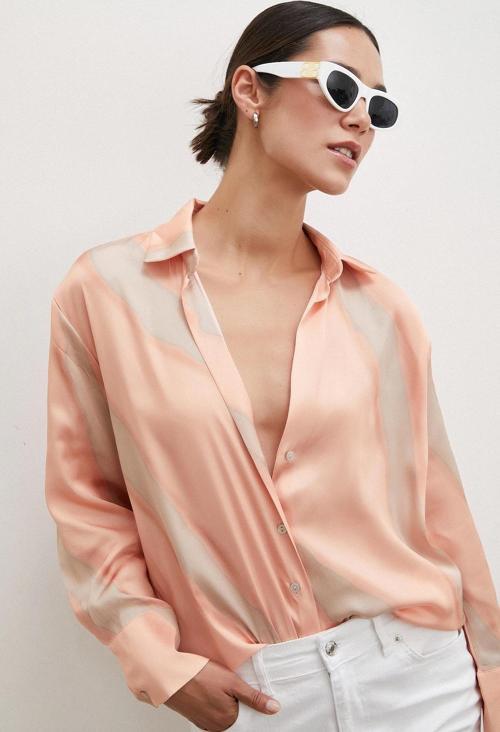 Desenli V Yaka Saten Gömlek Somon