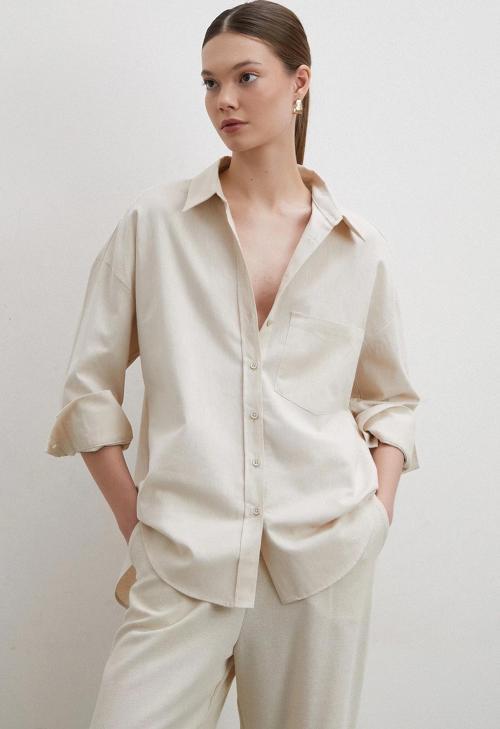 Keten Karışımlı Dökümlü Gömlek Bej