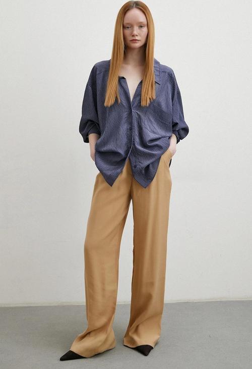Oversize İnce Çizgili Gömlek Lacivert