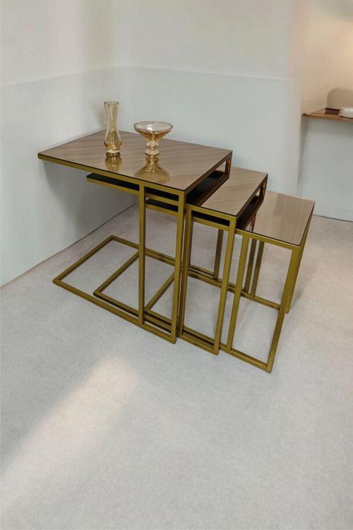 Gold Metal Ayaklı Bronz Aynalı C Zigon Sehpa 40x55 cm