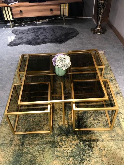 Kante Gold Fırın Boyalı 5'Li Sehpa Seti 90x90 cm