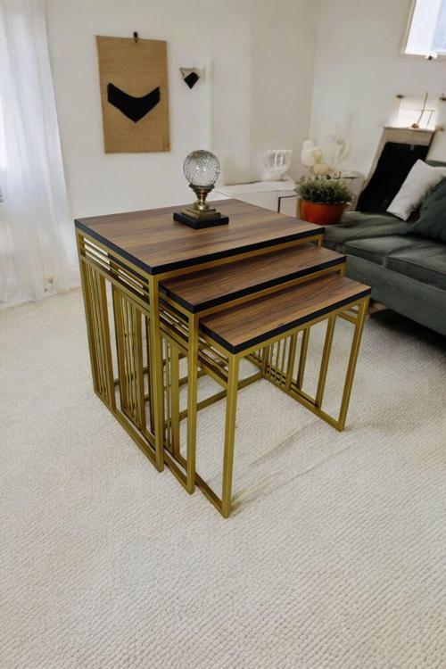 Milano Gold Metal Ayaklı Ceviz Üst Tablalı Zigon Sehpa 40x55 cm