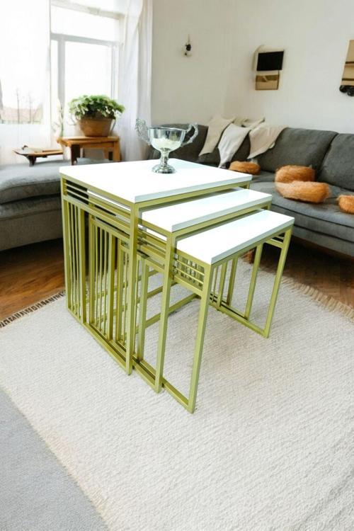 Milano Gold Metal Ayaklı Krem Üst Tablalı Zigon Sehpa 40x55 cm