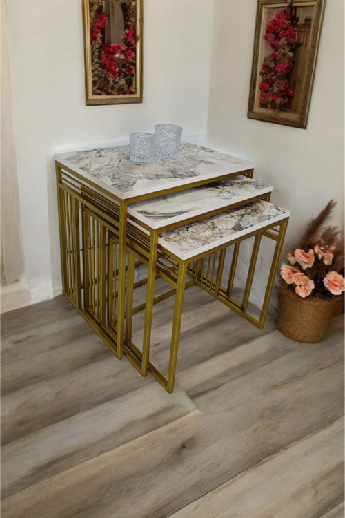 Milano Gold Metal Ayaklı Mermer Desenli Zigon Sehpa 40x55 cm