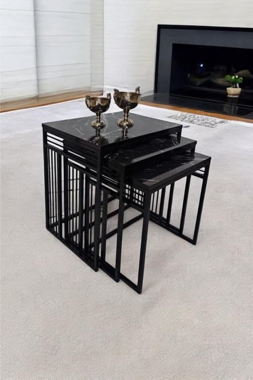 Milano Siyah Metal Ayaklı Mermer Desenli Zigon Sehpa 40x55 cm