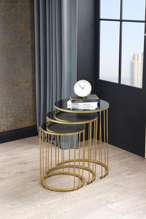 Napoli Gold Metal Ayaklı Füme Aynalı Zigon Sehpa 3'Lü 47x47 cm