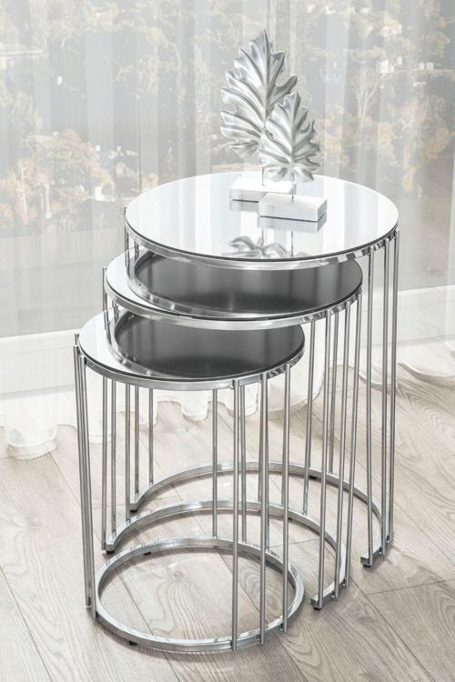 Napoli Krom Metal Ayaklı Aynalı Zigon Sehpa 3'Lü 47x47 cm