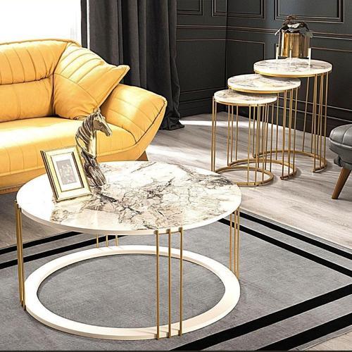 Roma Gold Metal Ayaklı Mermer Desenli Mdf'Li Sehpa Seti 47x47 cm
