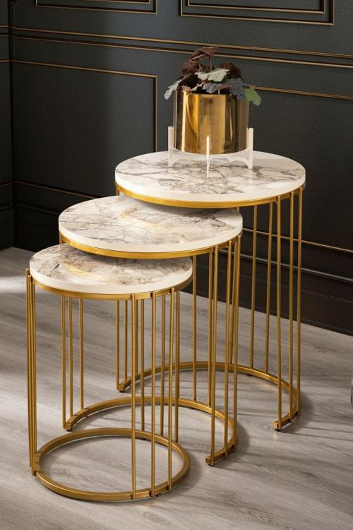Roma Gold Metal Ayaklı Mermer Desenli Mdf'Li Zigon Sehpa 47x47 cm