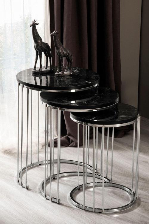 Roma Krom Metal Ayaklı Mermer Desenli 3'Lü Zigon Sehpa 47x47 cm