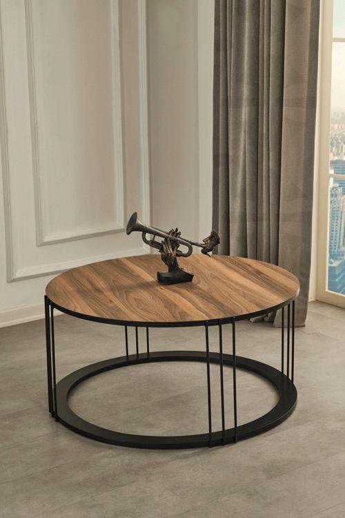 Roma Siyah Metal Ayaklı Ceviz Kaplama Mdf'Li Orta Sehpa 47x47 cm