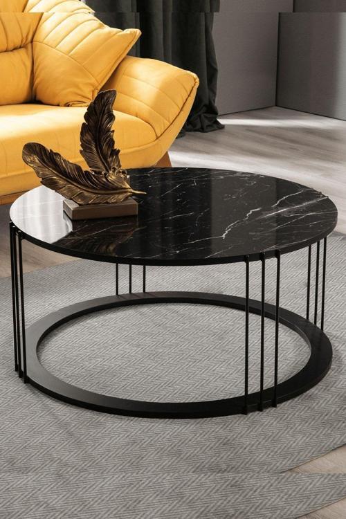 Roma Siyah Metal Ayaklı Mermer Desenli Mdf'Li Orta Sehpa 47x47 cm