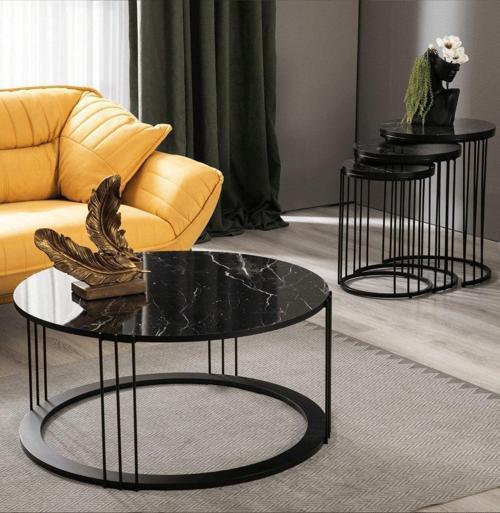 Roma Siyah Metal Ayaklı Mermer Desenli Mdf'Li Sehpa Seti 47x47 cm