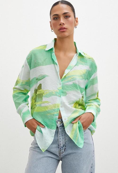 Hawaii Desen Modal Gömlek Yeşil