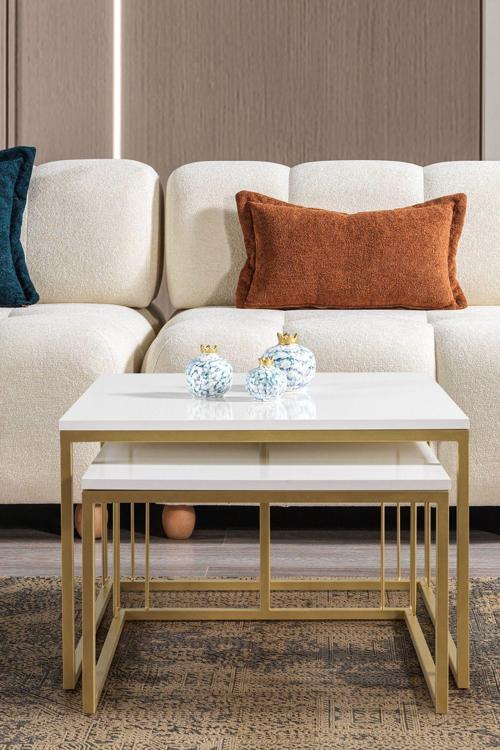 Siena Gold Metal Ayaklı Krem Üst Tabla Orta Sehpa Takımı 70x70 cm