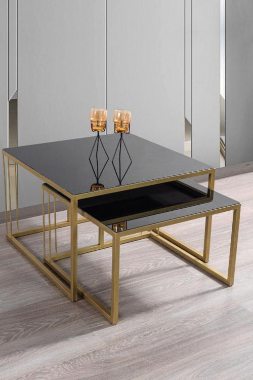 Siena Gold Metal Ayaklı Siyah Camlı Orta Sehpa Takımı 70x70 cm