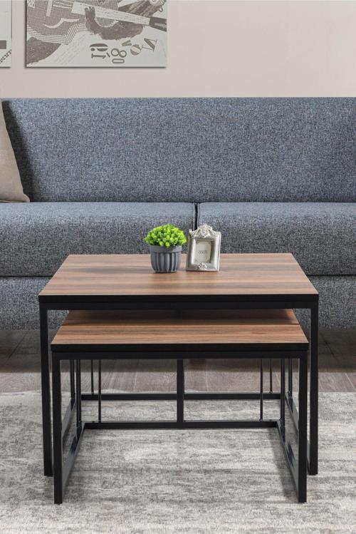 Siena Siyah Metal Ayaklı Ceviz Üst Tabla Orta Sehpa Takımı 70x70 cm