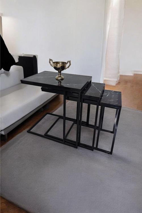 Siyah Metal Ayaklı Mermer Desen Üst Tablalı C Zigon Sehpa 40x55 cm