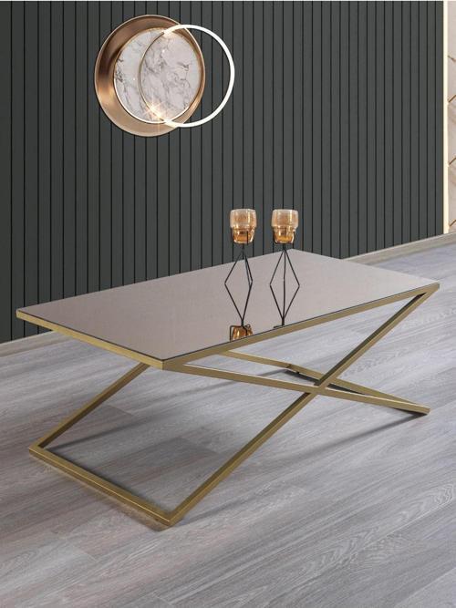 Venedik Gold Metal Ayaklı Bronz Aynalı Orta Sehpa 110x60 cm