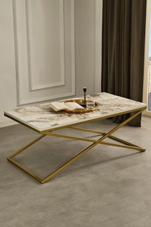Venedik Gold Metal Ayaklı Mermer Desenli Orta Sehpa 60x110 cm