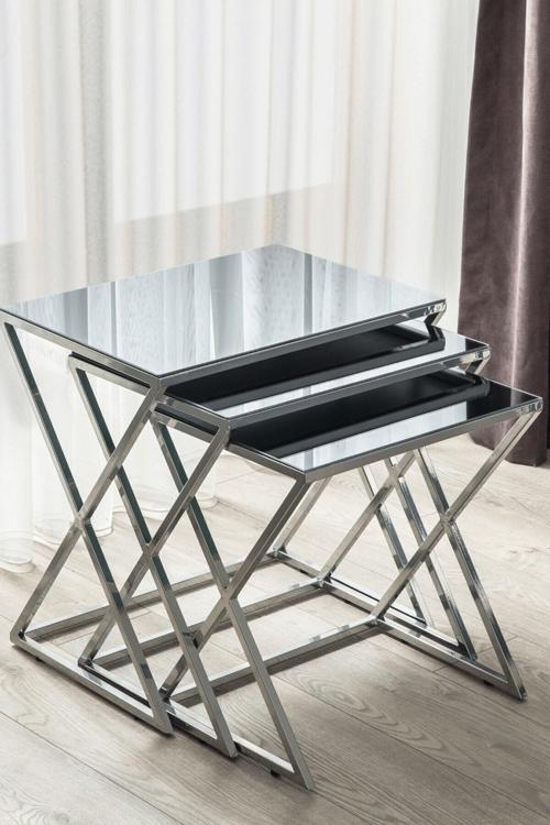 Venedik Krom Metal Ayaklı Füme Aynalı Zigon Sehpa 40x55 cm