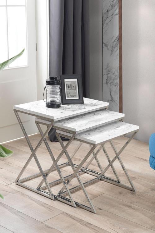Venedik Krom Metal Ayaklı Mermer Desenli Mdf'Li Zigon Sehpa