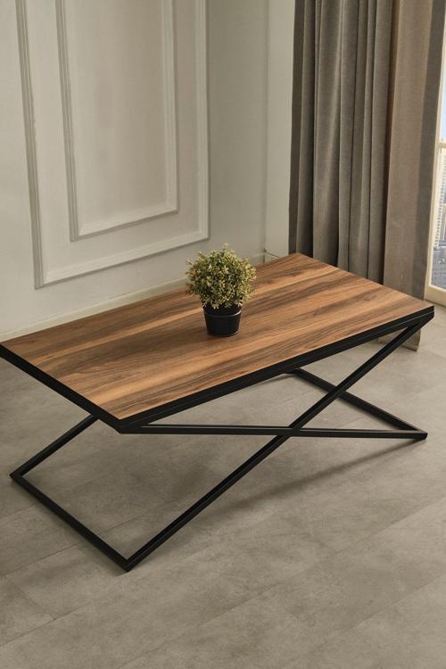 Venedik Siyah Metal Ayaklı Ceviz Kaplama Orta Sehpa 60x110 cm