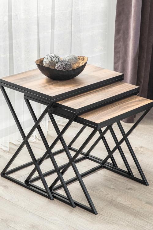 Venedik Siyah Metal Ayaklı Ceviz Kaplama Zigon Sehpa 55x40 cm