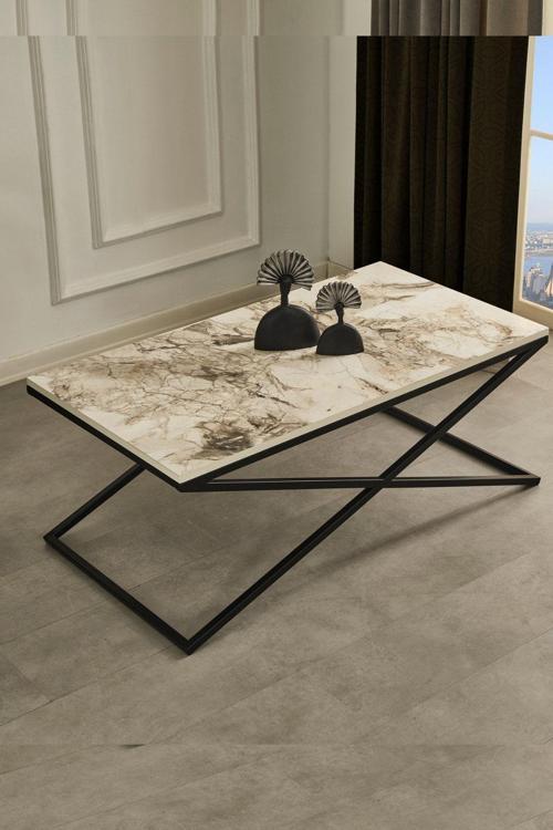 Venedik Siyah Metal Ayaklı Mermer Desenli Mdf'Li Orta Sehpa 60x110 cm