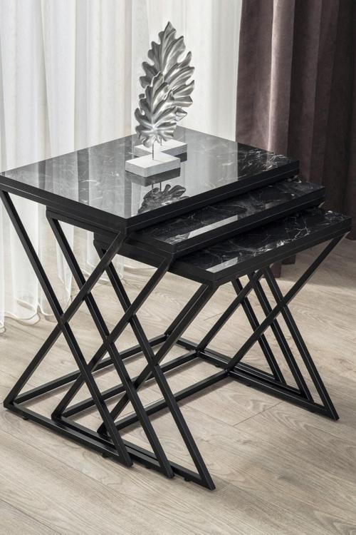 Venedik Siyah Metal Ayaklı Mermer Desenli Mdf'Li Zigon Sehpa 45x55 cm