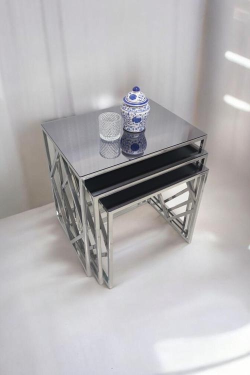 Venice Gümüş Metal Ayaklı Füme Aynalı Zigon Sehpa 40x55 cm