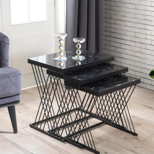 Vienna Siyah Metal Ayaklı Mermer Desenli Mdf'Li Zigon Sehpa 40x55 cm