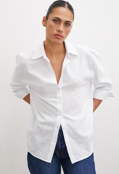 Geniş Manşetli Keten Gömlek Beyaz