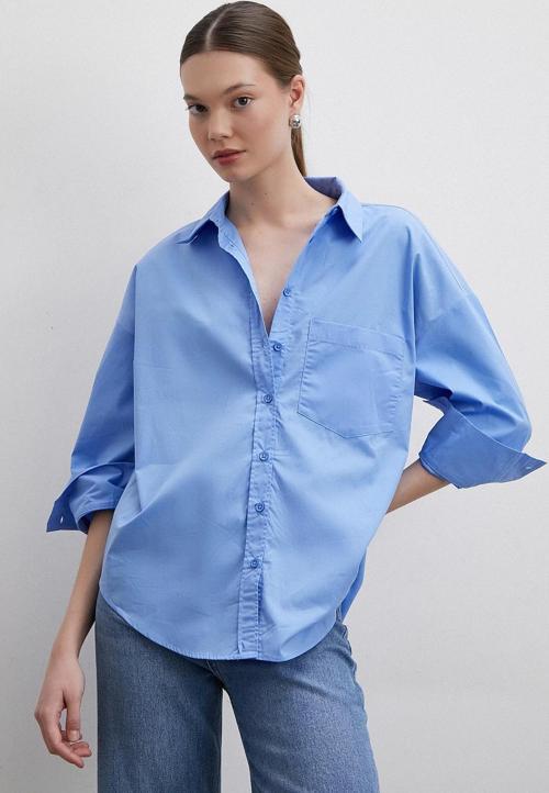 Oversize Pamuklu Gömlek Mavi