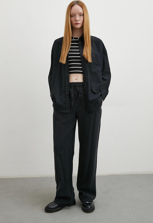 Keten Karışımlı Oversize Gömlek Siyah