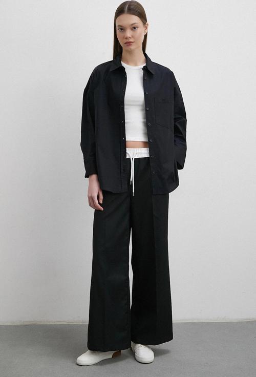 Likralı Poplin Gömlek Siyah