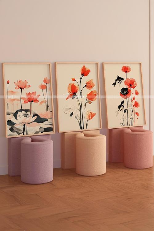 Lotus ve Gelincik 3 Parçalı Ahşap Çerçeveli Tablo Seti