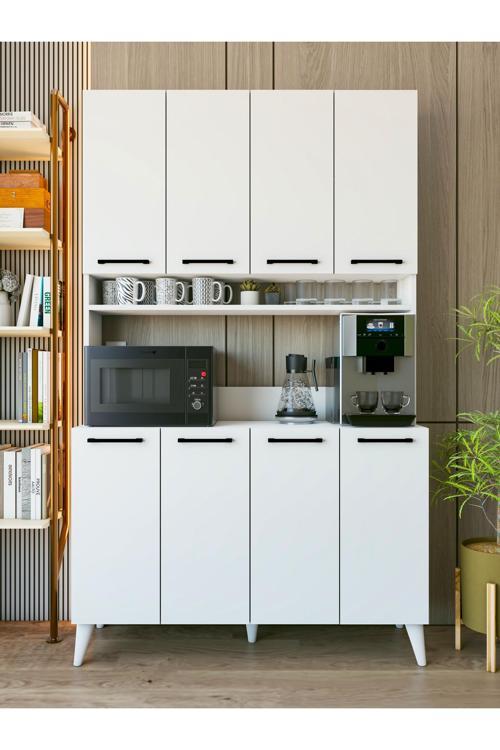 Çok Amaçlı Dolap Parlak Beyaz Kahve Köşesi 8 Kapaklı Dolap